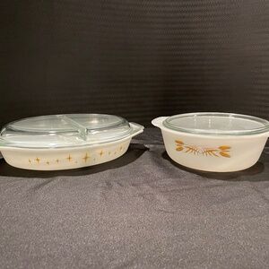 Set of (2) Vintage Pyrex Split Constellation Dish & Fire King Golden Wheat Dish